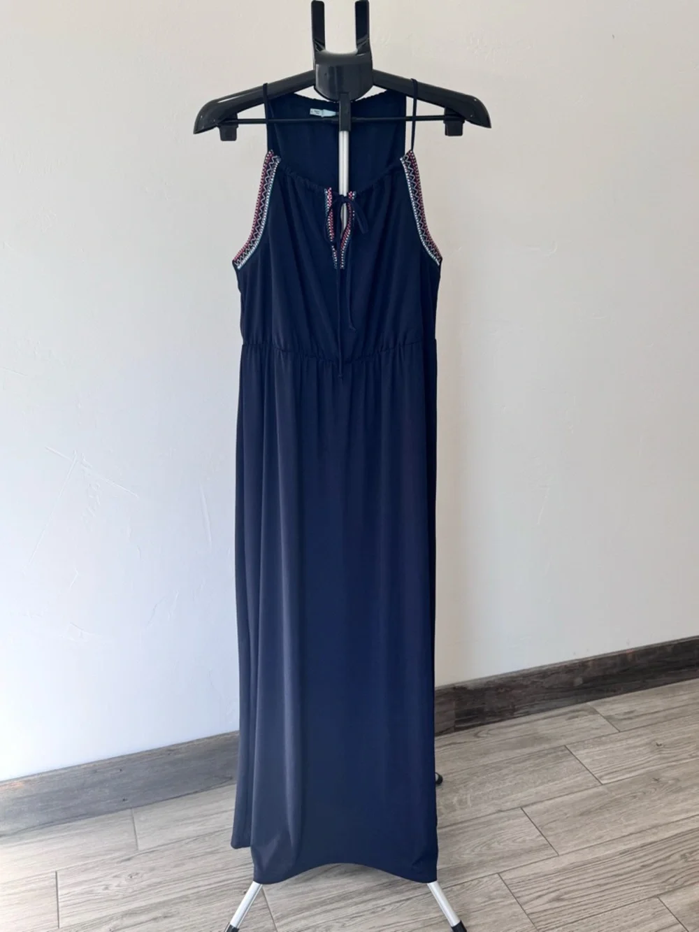 Maurices Navy Sleeveless Maxi Dress with Embroidered and Beaded Trim, Size Large - Picture 2 of 9
